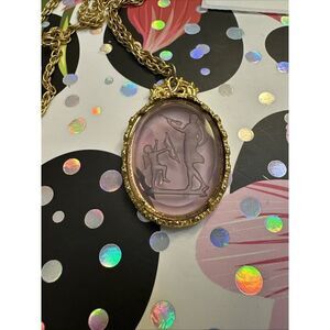 Vintage Glass Intaglio Cameo Necklace Unsigned Goldette Victorian Revival Bezel